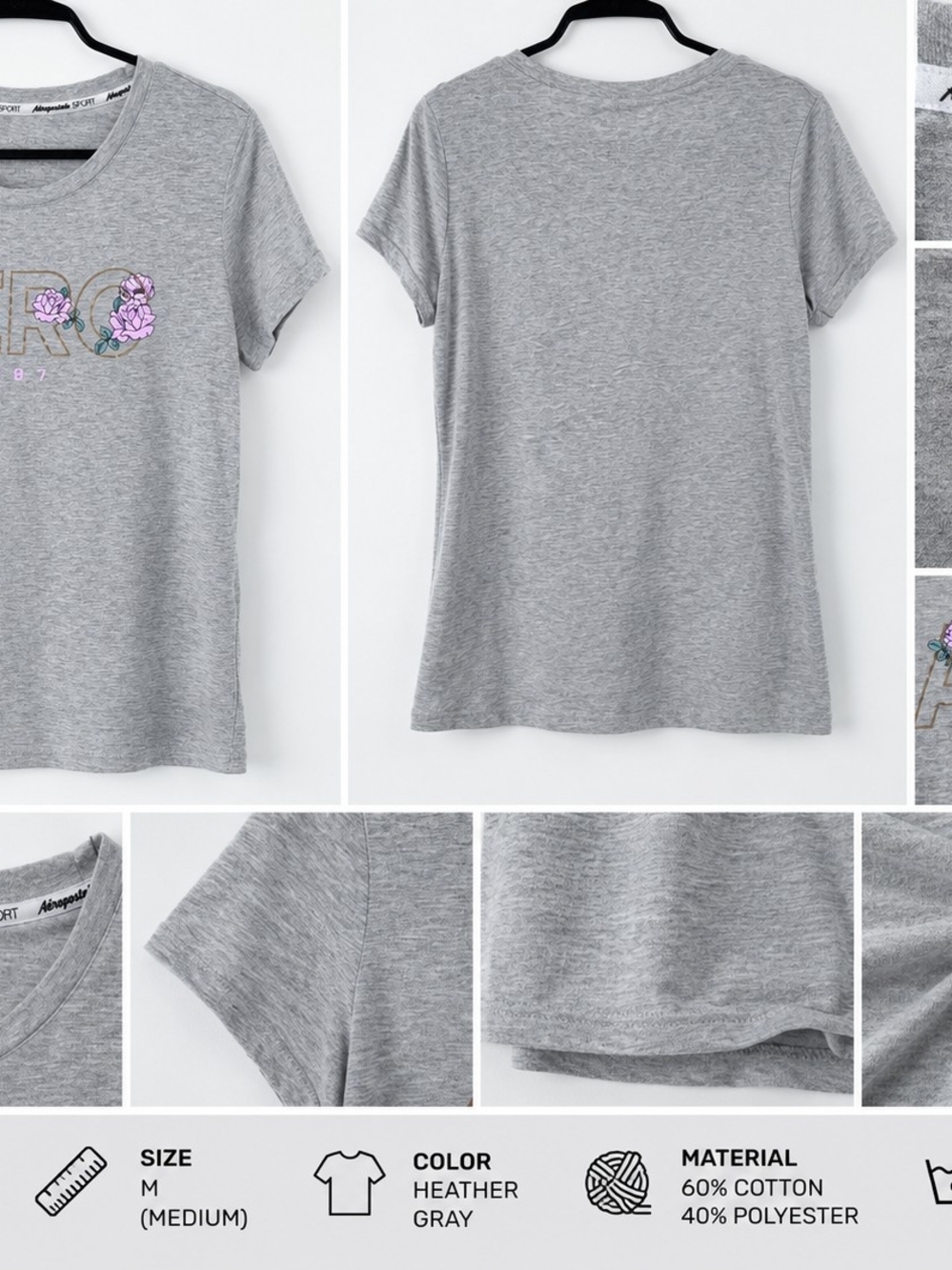 Aeropostale Sport Women's Gray Floral AERO 1987 Graphic T-Shirt Size M